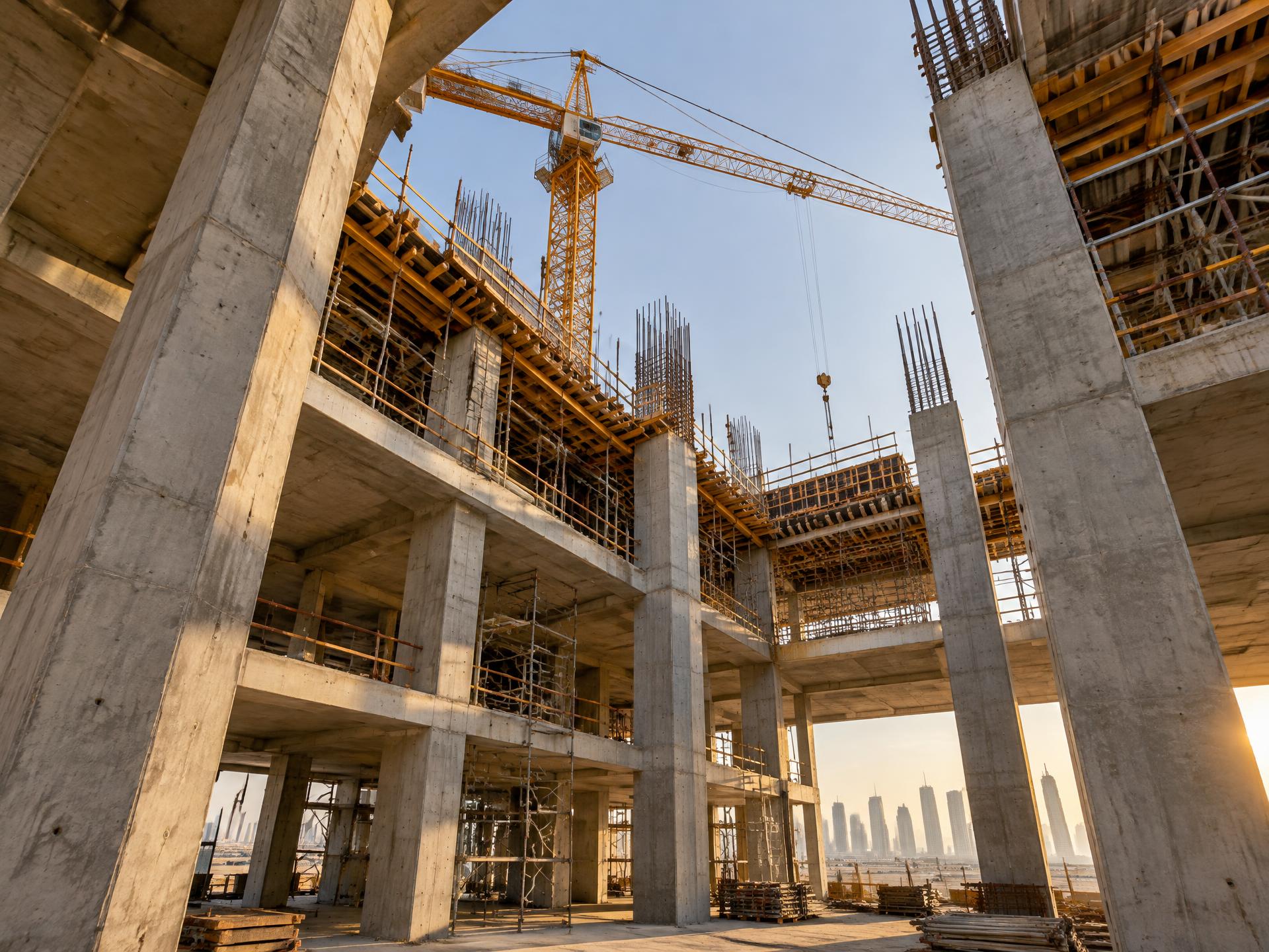 Concrete columns and formwork on an ADEN construction site