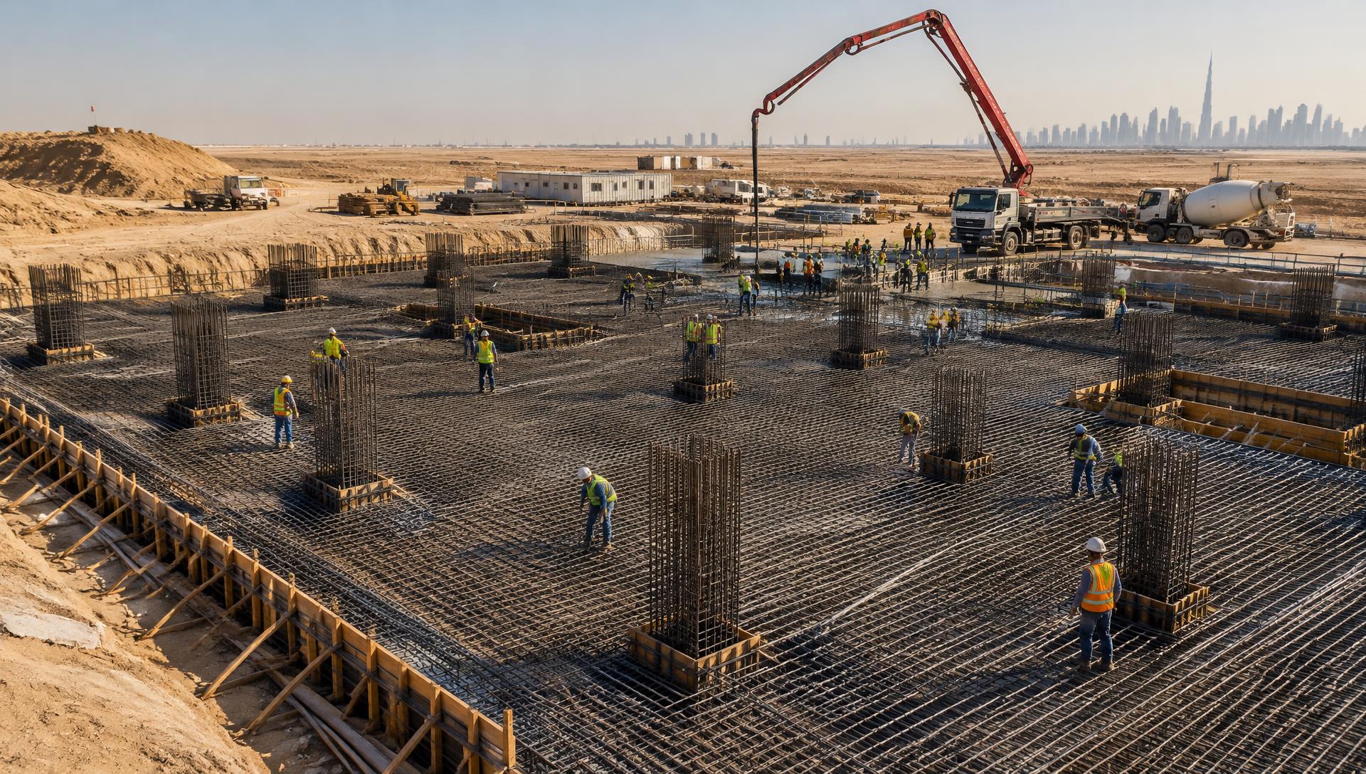 Workers fixing rebar for a concrete foundation slab